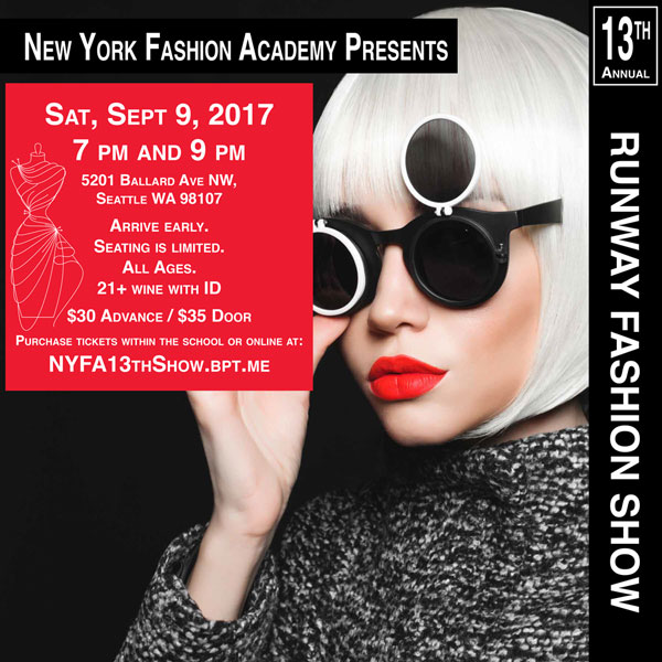 Social Media advertisment for New York Fashion Academy's 13th Annual Runway Fashion Show. Designed by Jennifer Jacobs-Springer. Image shows woman with almost white-blond hair wearing funky sunglasses. Color scheme is red, black, and white.