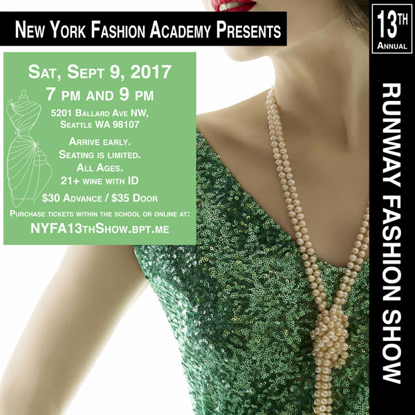 Social Media advertisment for New York Fashion Academy's 13th Annual Runway Fashion Show. Designed by Jennifer Jacobs-Springer. Image shows a woman in a green sequins dress and strand of pearls. Color scheme is green, black, and white.