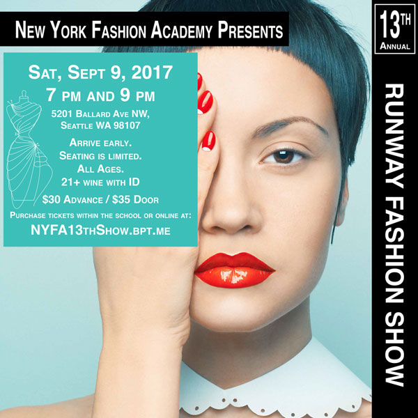 Social Media advertisment for New York Fashion Academy's 13th Annual Runway Fashion Show. Designed by Jennifer Jacobs-Springer. Image shows the face of a woman who is covering up half her face with one hand. She is also wearing a striking shade of red lipstick that matches her nail polish that contrasts against the palish blue background. She has an extreme short haircut. Color scheme is cyan, red, black, and whte.