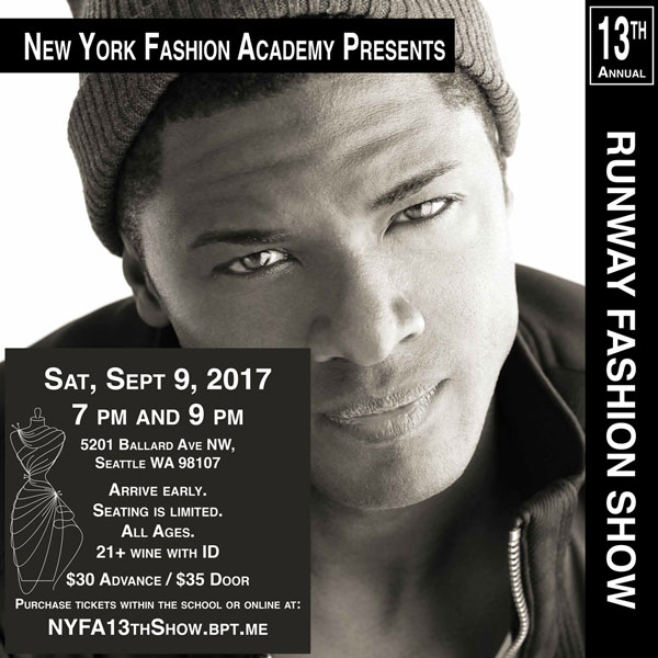 Social Media advertisment for New York Fashion Academy's 13th Annual Runway Fashion Show. Designed by Jennifer Jacobs-Springer. Image shows the face of a man looking straight at the viewer. He is wearing a beanie. Color scheme is black and white.