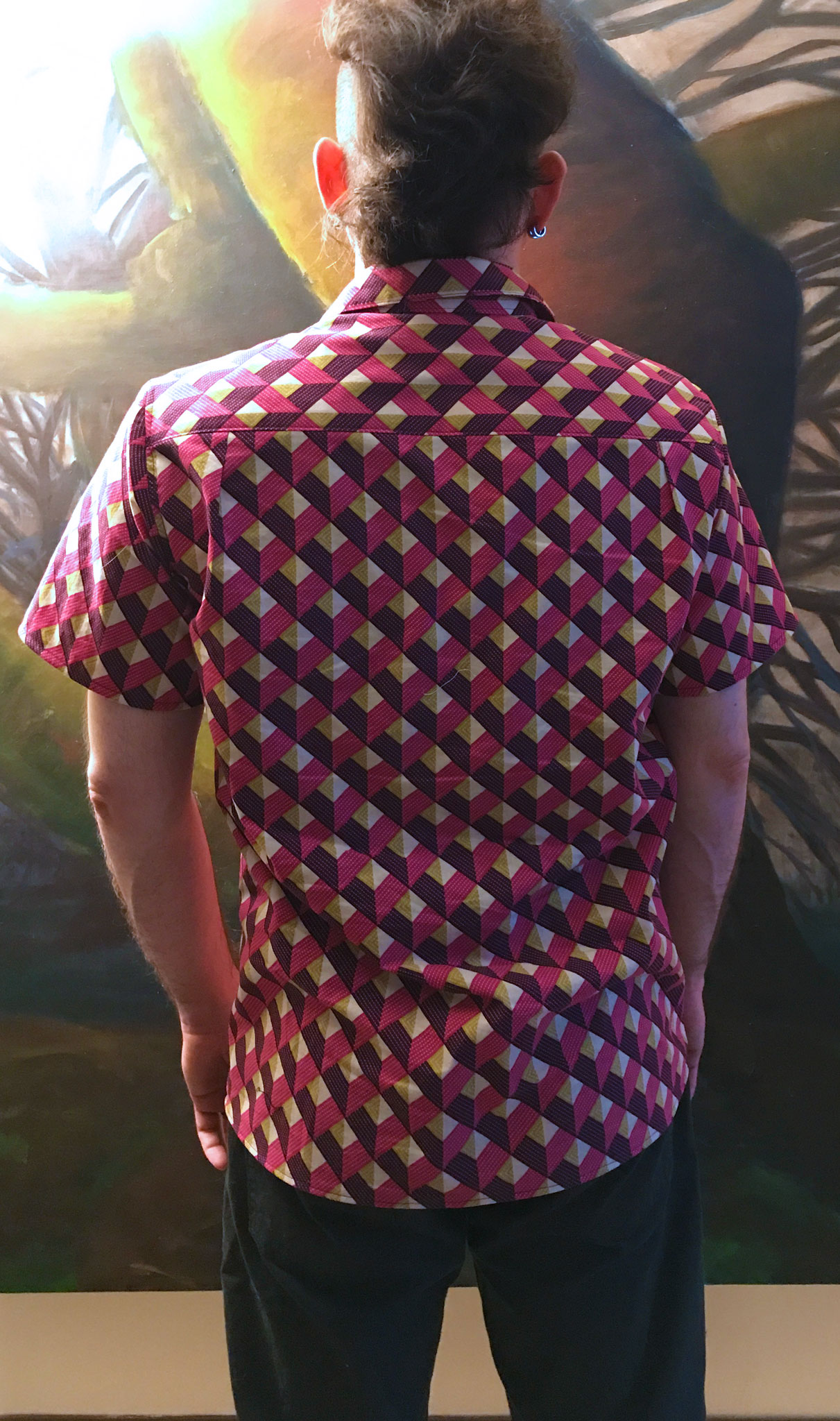 Completed shirt modeled by my husband. Back view.