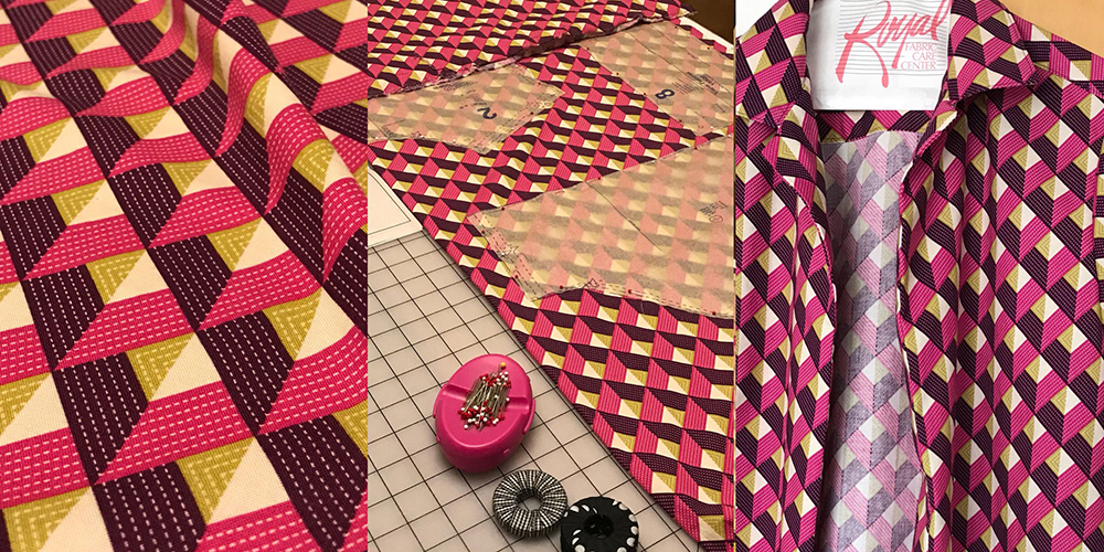 Triptych image showing fabric layed out on a table, fabric which pattern peices layed out with pins and pattern weights, and partially assembled shirt.